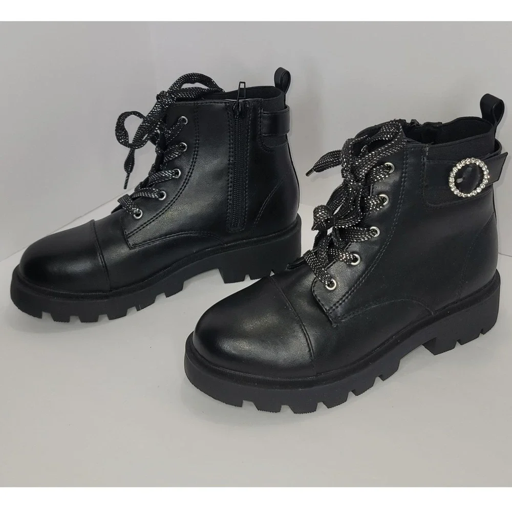 Joie Black Kids Metallic Laces Combat Boots Rhinestone Buckle & Side Zip Sz3 Y2K